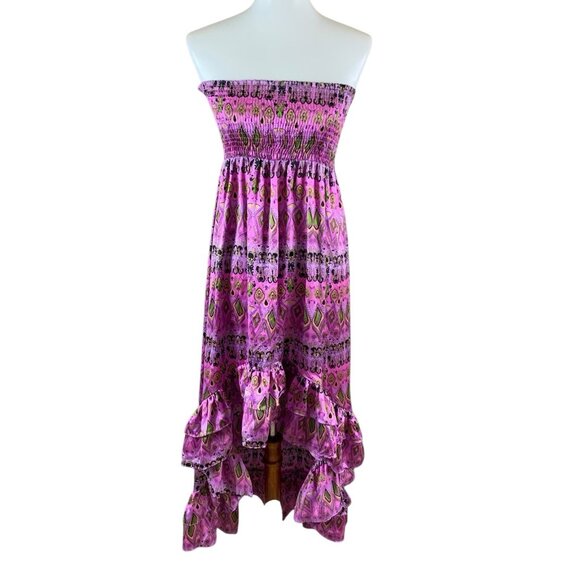 Classique Pink Purple Strapless Maxi Dress S Boho Ruffle Festival Y2K Vibes - Picture 1 of 6